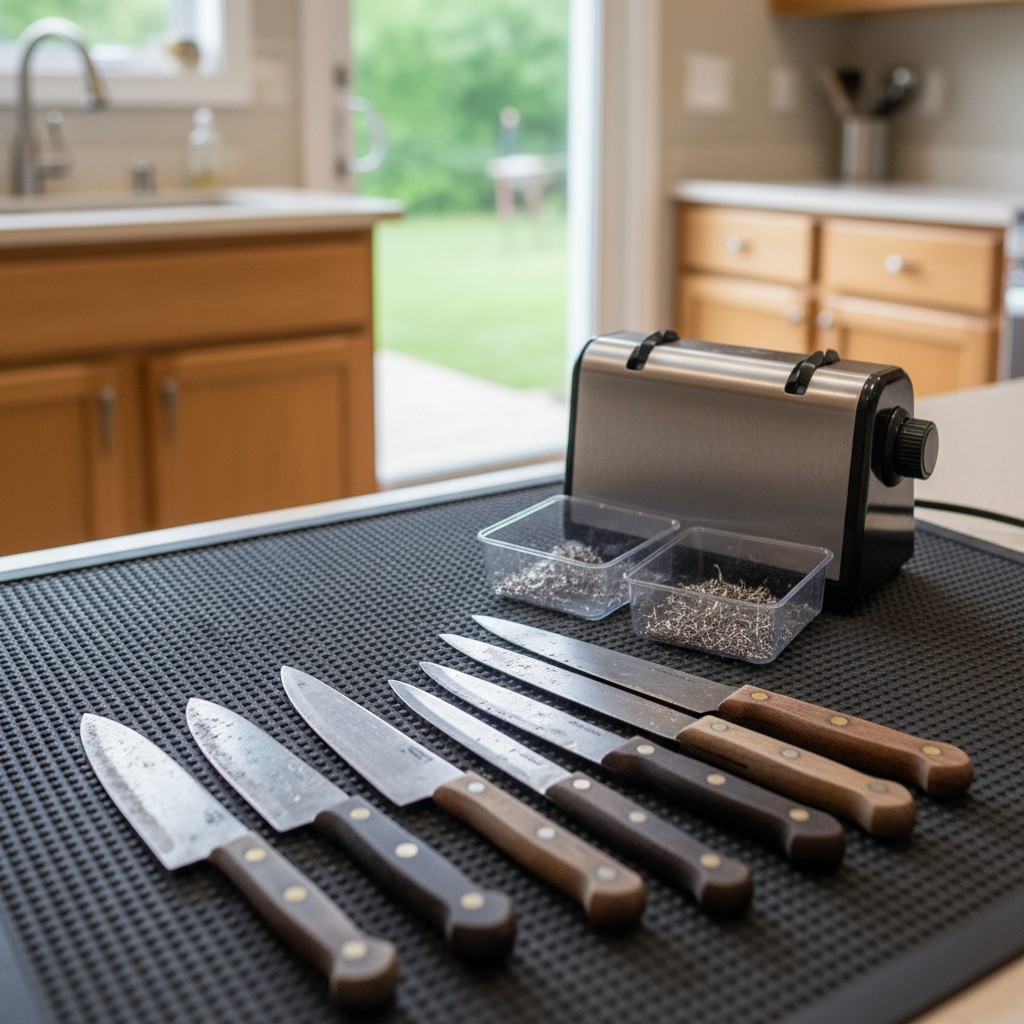 An arrangement of kitchen knives accompany a manual knife sharpener, on a black plastic work mat on a kitchen counter. The...